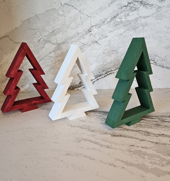 Handcrafted Wooden Holiday Christmas Tree Set - Red, White, Green - Picture 2 of 2